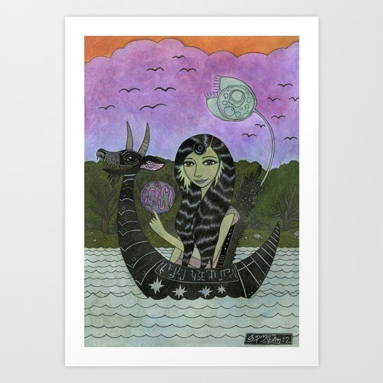 Girl in a Small Creature Boat Art Print
