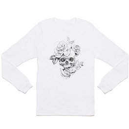 Black and White skull with roses pen drawing Long Sleeve T-shirt