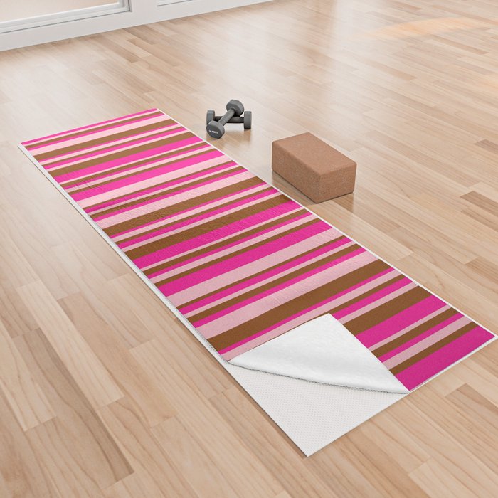 Deep Pink, Brown & Pink Colored Striped Pattern Yoga Towel