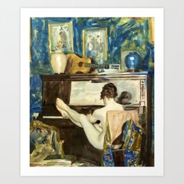 Nude playing at piano, blue music room female nude portrait painting by Frank Snapp Art Print