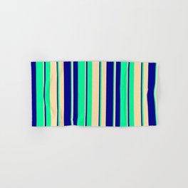[ Thumbnail: Tan, Dark Blue & Green Colored Stripes/Lines Pattern Hand & Bath Towel ]