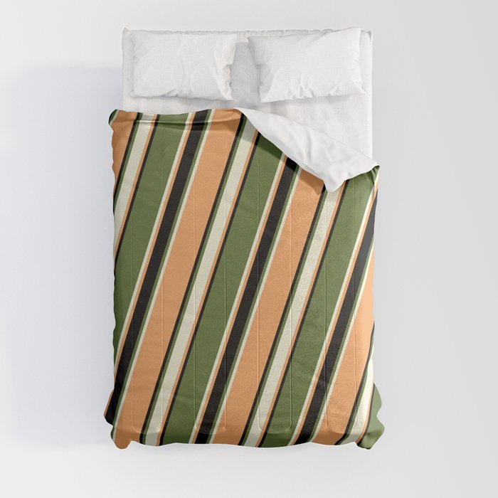 Dark Olive Green, Beige, Brown & Black Colored Pattern of Stripes Comforter
