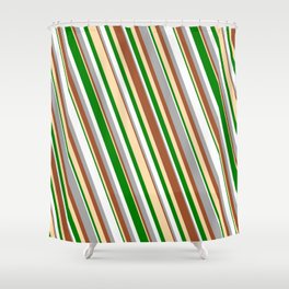 [ Thumbnail: Vibrant Dark Grey, Sienna, Tan, Green & White Colored Lined Pattern Shower Curtain ]