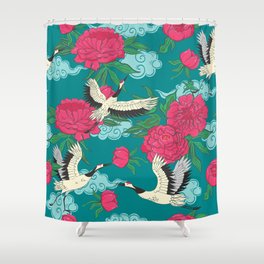 Seamless pattern with cranes and peonies. Vintage graphics.  Shower Curtain