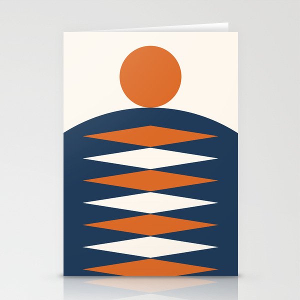 Abstract Geometric Sunrise 21 in Navy Blue Orange Stationery Cards