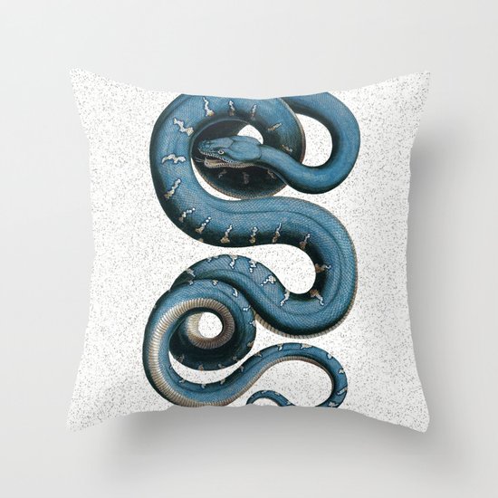 Blue White Vintage Snake Illustration Animal Art Throw Pillow
