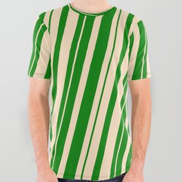 [ Thumbnail: Green & Bisque Colored Striped Pattern All Over Graphic Tee ]