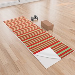 [ Thumbnail: Light Green & Red Colored Striped Pattern Yoga Towel ]