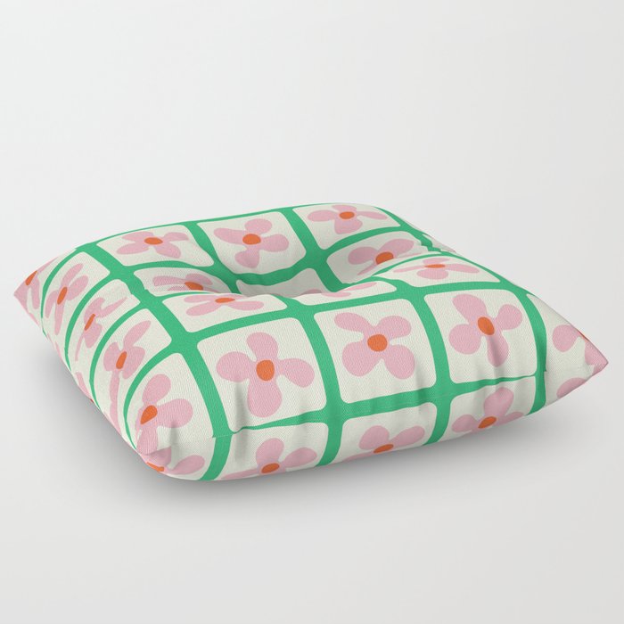 Retro Flowers Pattern - Green Pink Floor Pillow