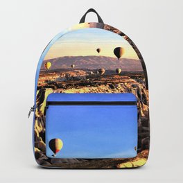 hot air balloons flying valley sky sunset Backpack | Photograph, Hotairballoon, Flying, Air, Sunset, Color, Balloon, Valley, Sky, Sunrise 
