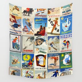 Vintage Skiing Posters Wall Tapestry