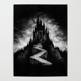 Vampire Castle Poster | Fantasy, Halloween, Evil, Illustration, Black, Blackandwhite, Scary, White, Pathway, Mountain 