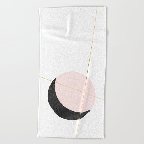 Pink Moon, Contemplation, Full Moon, Faux Gold Lines, Pink Black White Beach Towel
