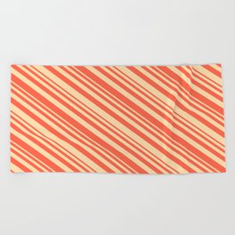 [ Thumbnail: Tan and Red Colored Striped/Lined Pattern Beach Towel ]