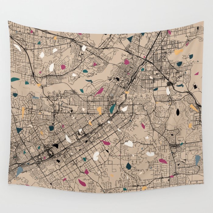 USA Riverside City Map - Beige Terrazzo Collage Wall Tapestry