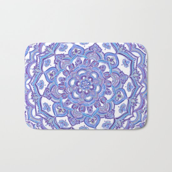 Lilac Spring Mandala - floral doodle pattern in purple & white Bath Mat