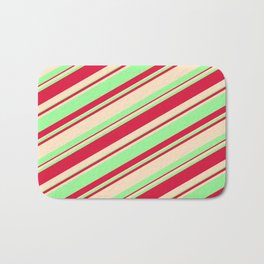 [ Thumbnail: Bisque, Green, and Crimson Colored Striped/Lined Pattern Bath Mat ]