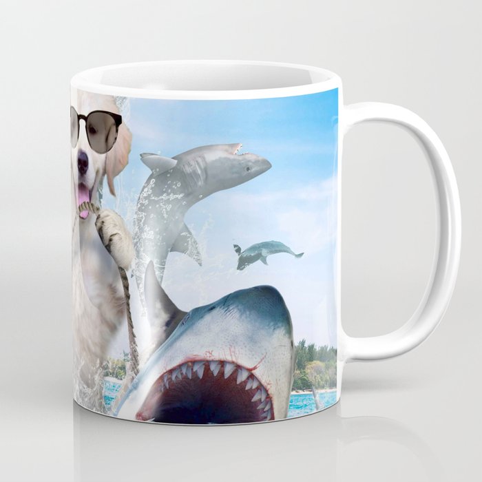 Golden Retriever Riding Sharks Coffee Mug