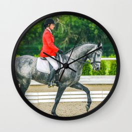 Beautiful girl riding a gray horse Wall Clock