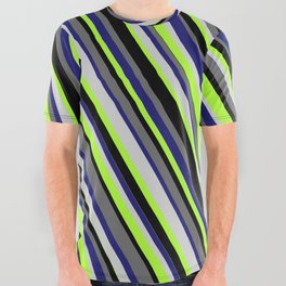 [ Thumbnail: Colorful Midnight Blue, Light Gray, Light Green, Black, and Dim Grey Colored Stripes/Lines Pattern All Over Graphic Tee ]