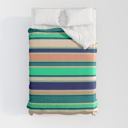 [ Thumbnail: Vibrant Light Salmon, Green, Midnight Blue, Teal, and Bisque Colored Pattern of Stripes Duvet Cover ]