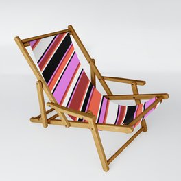 [ Thumbnail: Eye-catching Violet, Brown, Red, White & Black Colored Striped/Lined Pattern Sling Chair ]
