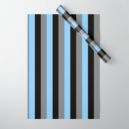 [ Thumbnail: Light Sky Blue, Grey & Black Colored Lined Pattern Wrapping Paper ]