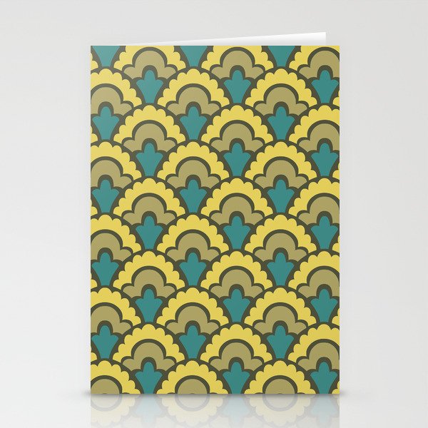 Fan Pattern Yellow Teal and Olive Green 308 Stationery Cards