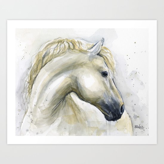 White Horse Watercolor Painting Animal Horses Art Print