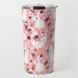 Marshmallow White Easter Bunnies on Candy Pink Travel Mug