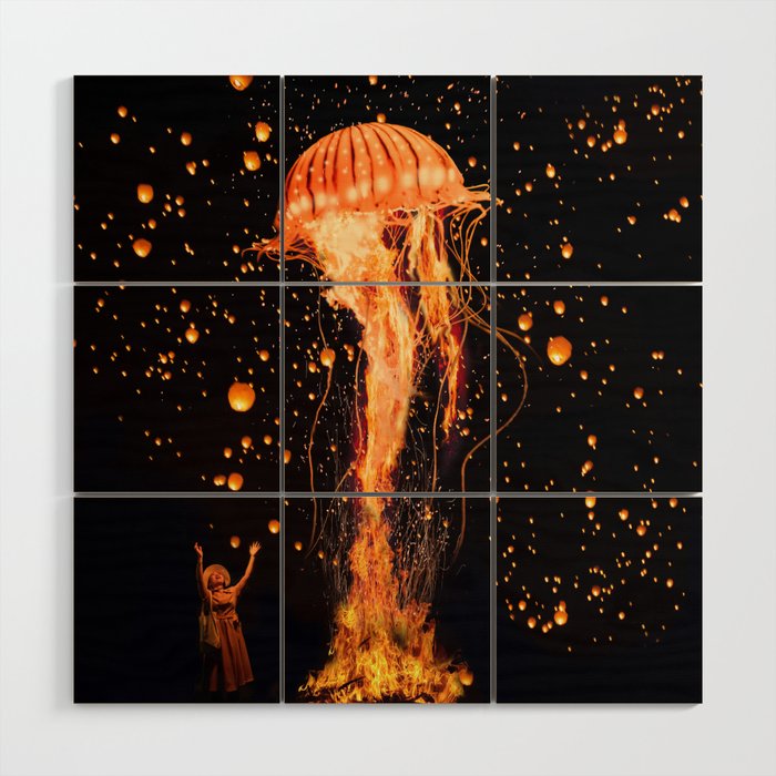 Jellyfish Rising from the Flames Wood Wall Art