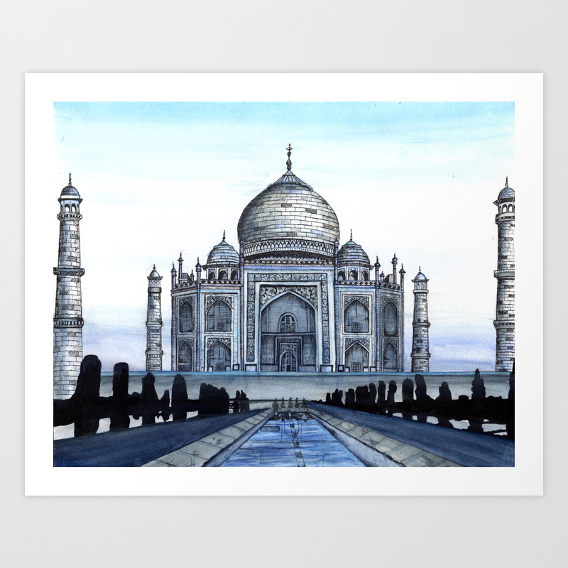 Taj Mahal Travel Fine Art Watercolor Painting Taj Mahal In Blue