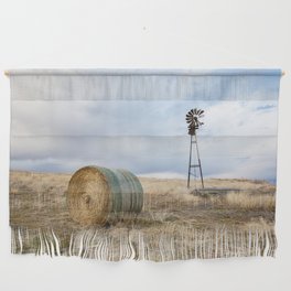 Prairie Life - Old Windmill and Round Hay Bale on Autumn Day in Oklahoma Wall Hanging