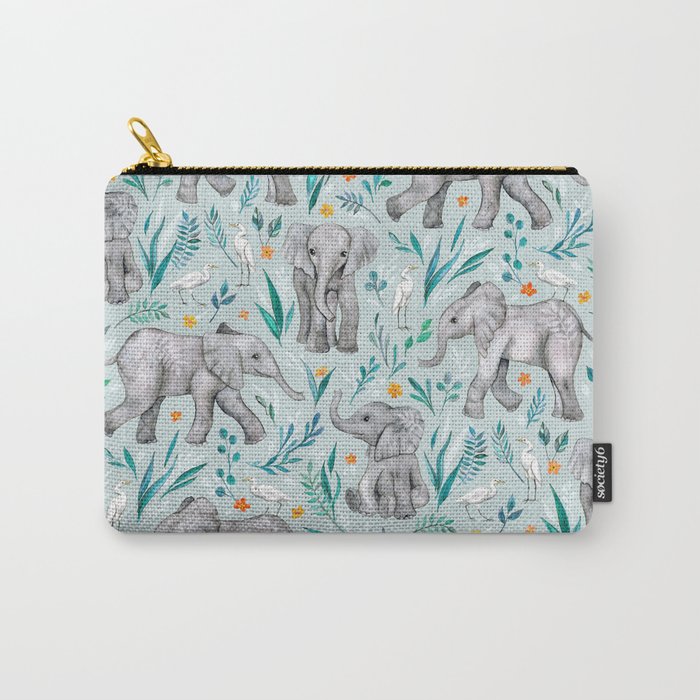 Baby Elephants and Egrets in Watercolor - egg shell blue Carry-All Pouch