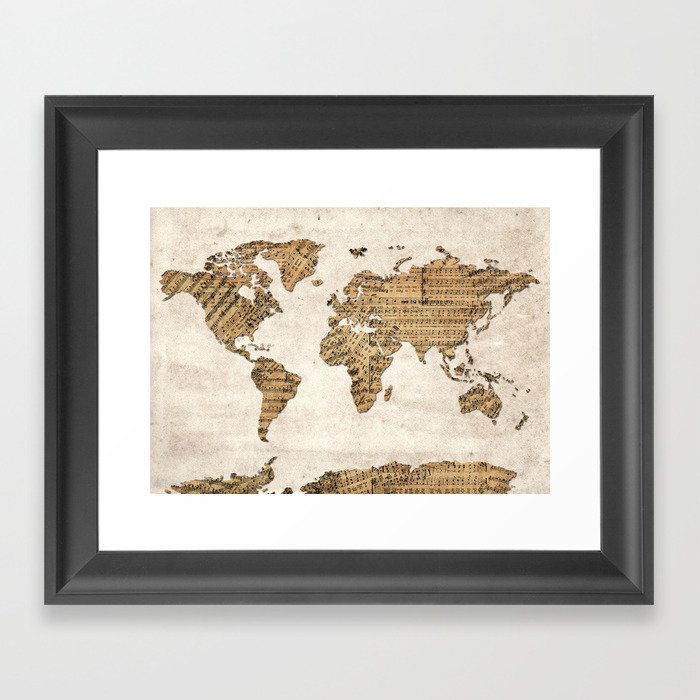 world map music vintage Framed Art Print