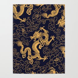 Chinese traditional golden dragon and peony hand drawn illustration pattern Poster