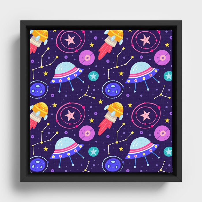 Brightly Colored Outer Space Pattern Framed Canvas