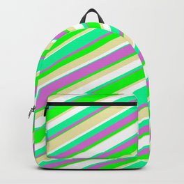 [ Thumbnail: Vibrant Green, Orchid, Lime, Pale Goldenrod, and White Colored Pattern of Stripes Backpack ]