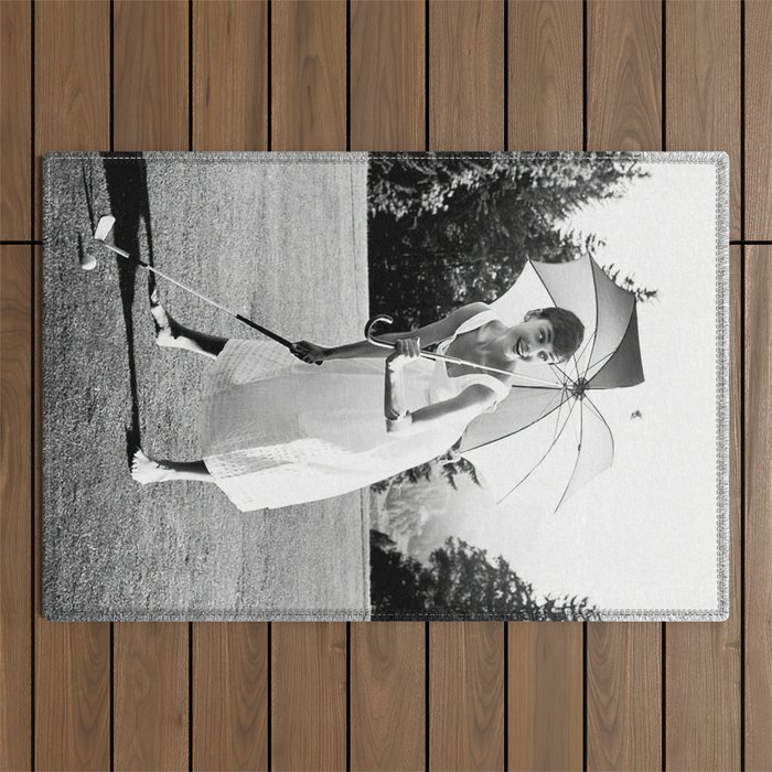 Audrey Hepburn Playing Golf, Black and White Vintage Art Outdoor Rug