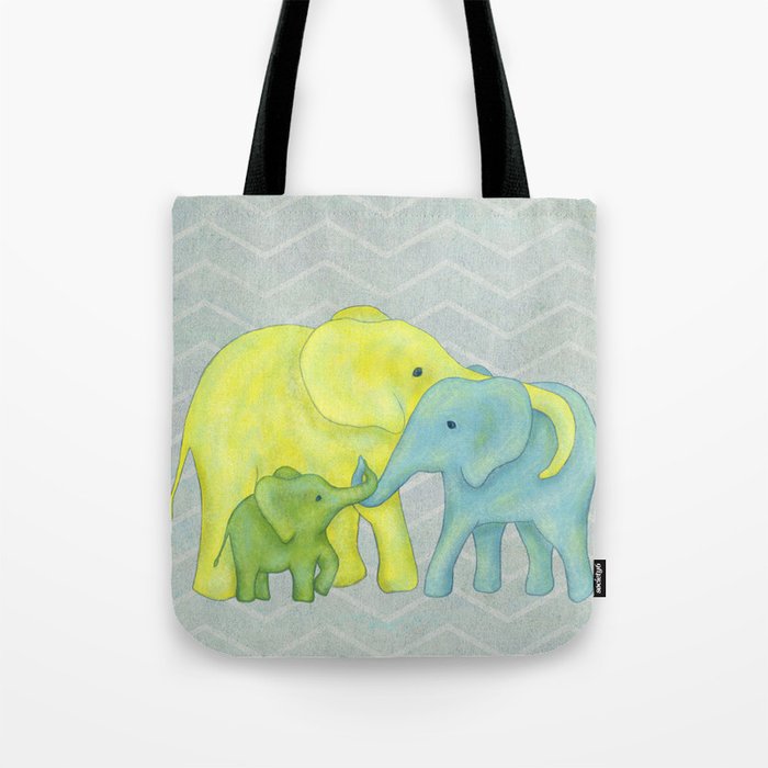 Elephant Family of Three in Yellow, Blue and Green Tote Bag