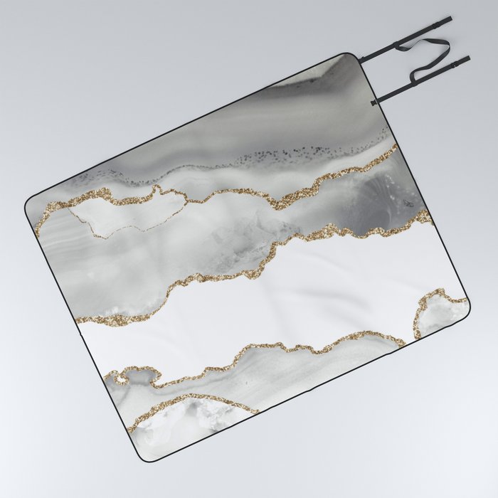 White & Gold Agate Texture 06 Picnic Blanket