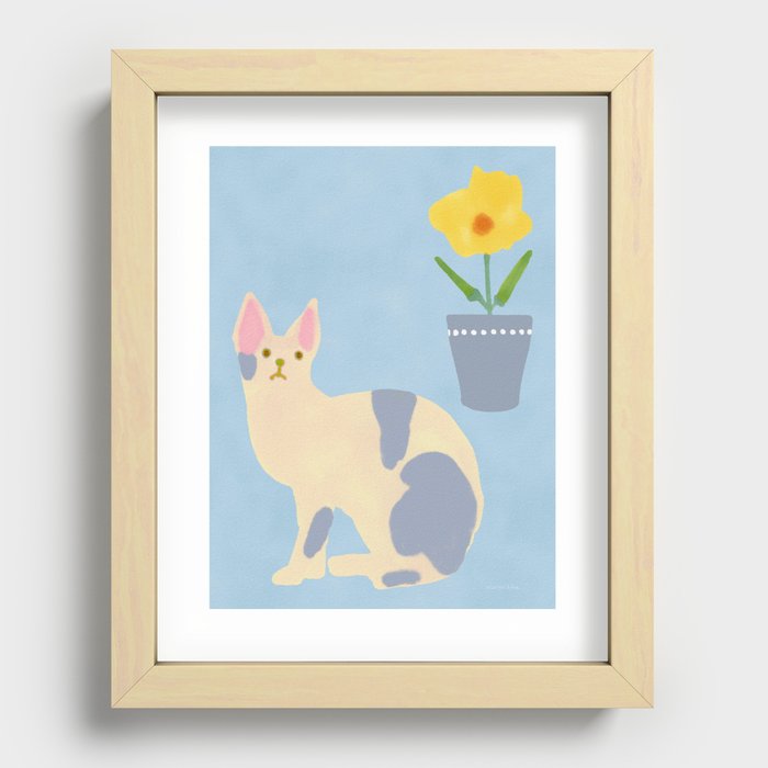 Cat and Okra Flower in Pot - Blue Grey and Sky Blue Recessed Framed Print