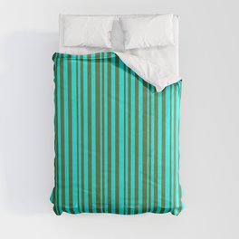 [ Thumbnail: Cyan and Dark Olive Green Colored Lined/Striped Pattern Comforter ]