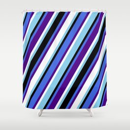 [ Thumbnail: Royal Blue, Indigo, White, Sky Blue, and Black Colored Lines/Stripes Pattern Shower Curtain ]