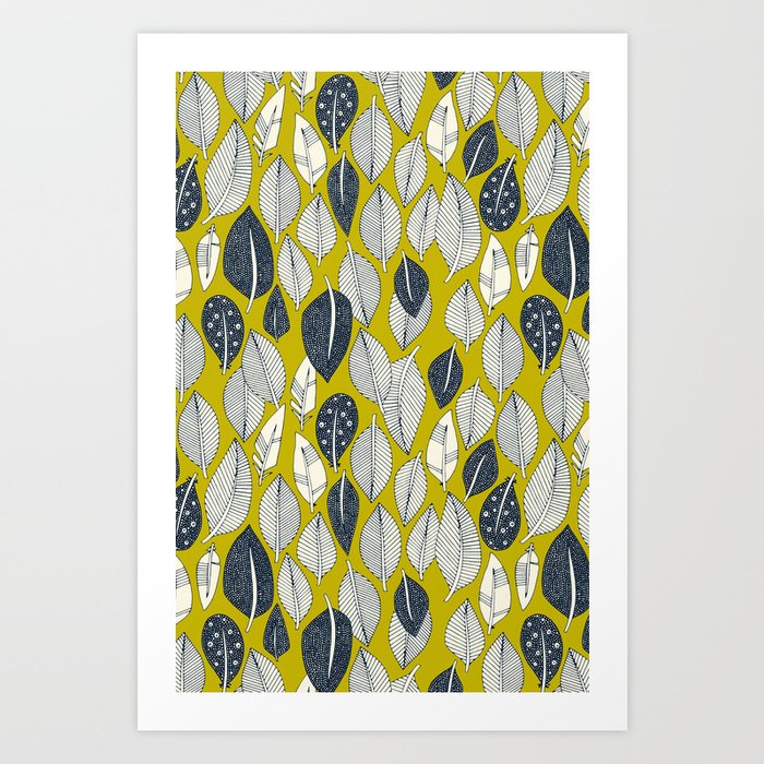 leaves and feathers chartreuse Art Print