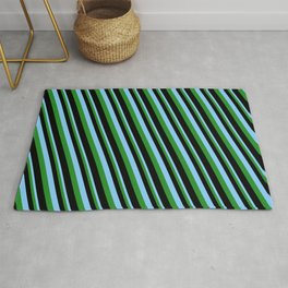 [ Thumbnail: Light Sky Blue, Forest Green & Black Colored Pattern of Stripes Rug ]