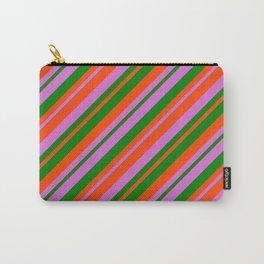 [ Thumbnail: Orchid, Green & Red Colored Stripes/Lines Pattern Carry-All Pouch ]