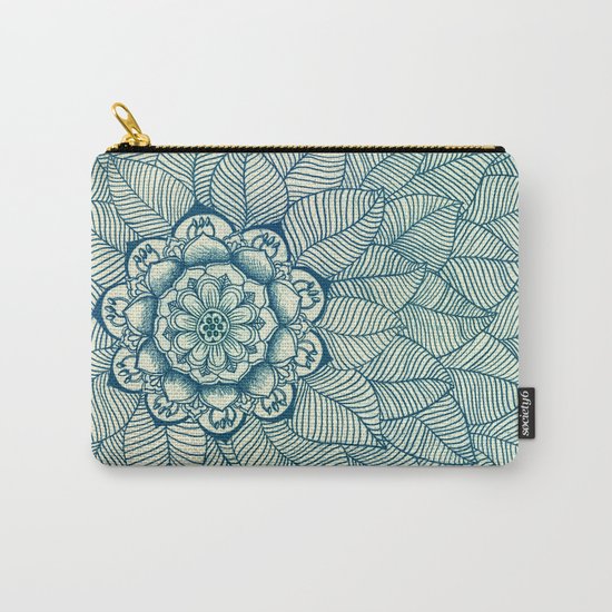 Emerald Green, Navy & Cream Floral & Leaf doodle Carry-All Pouch