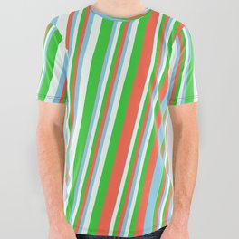 [ Thumbnail: Red, Sky Blue, Mint Cream, and Lime Green Colored Pattern of Stripes All Over Graphic Tee ]