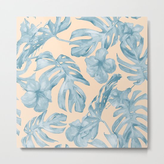 Tropical Leaves Sky Blue on Mango Coral Metal Print